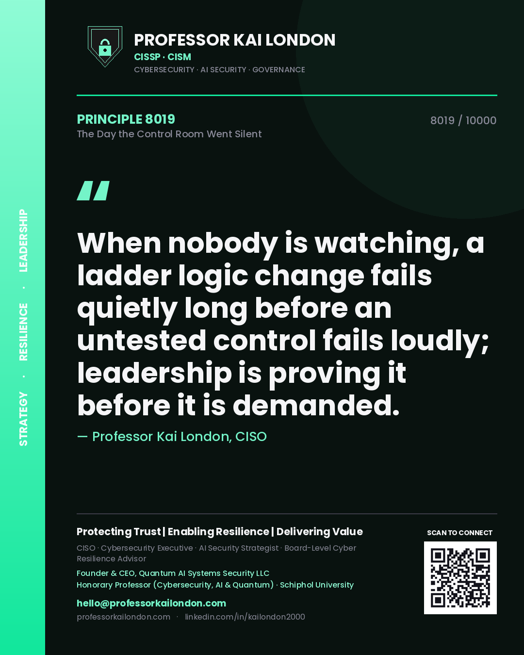 Quote card by Professor Kai London reading 'When nobody is watching, a ladder logic change fails quietly long before an untested control fails loudly; leadership is proving it before it is demanded.'. From the book The Day the Control Room Went Silent.