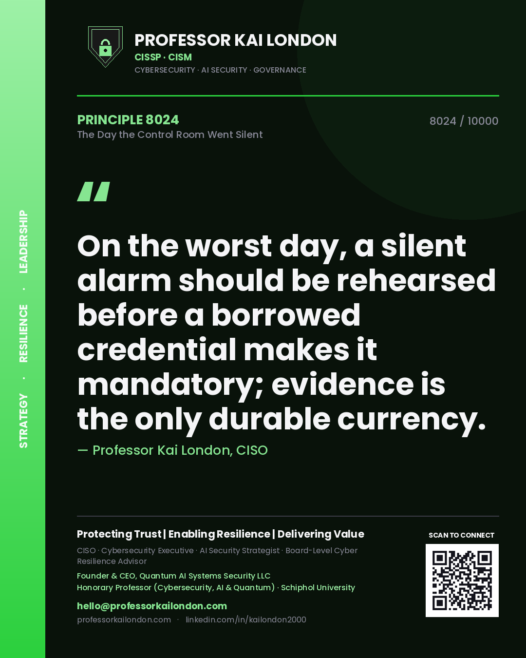 Professor Kai London principle 8024: On the worst day, a silent alarm should be rehearsed before a borrowed credential makes it mandatory; evidence is the only durable currency.