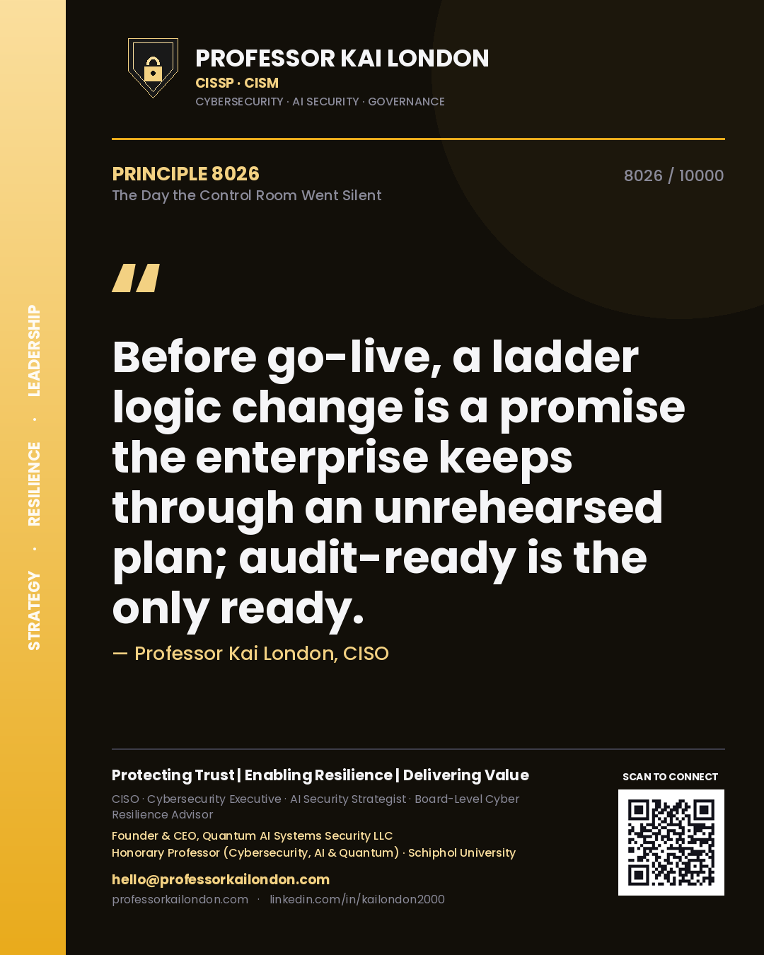 Quote card by Professor Kai London reading 'Before go-live, a ladder logic change is a promise the enterprise keeps through an unrehearsed plan; audit-ready is the only ready.'. From the book The Day the Control Room Went Silent.