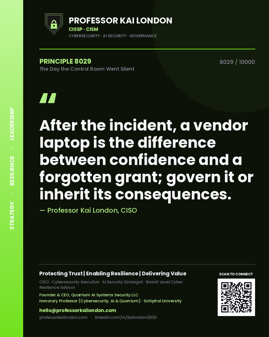 Quote card by Professor Kai London reading 'After the incident, a vendor laptop is the difference between confidence and a forgotten grant; govern it or inherit its consequences.'. From the book The Day the Control Room Went Silent.