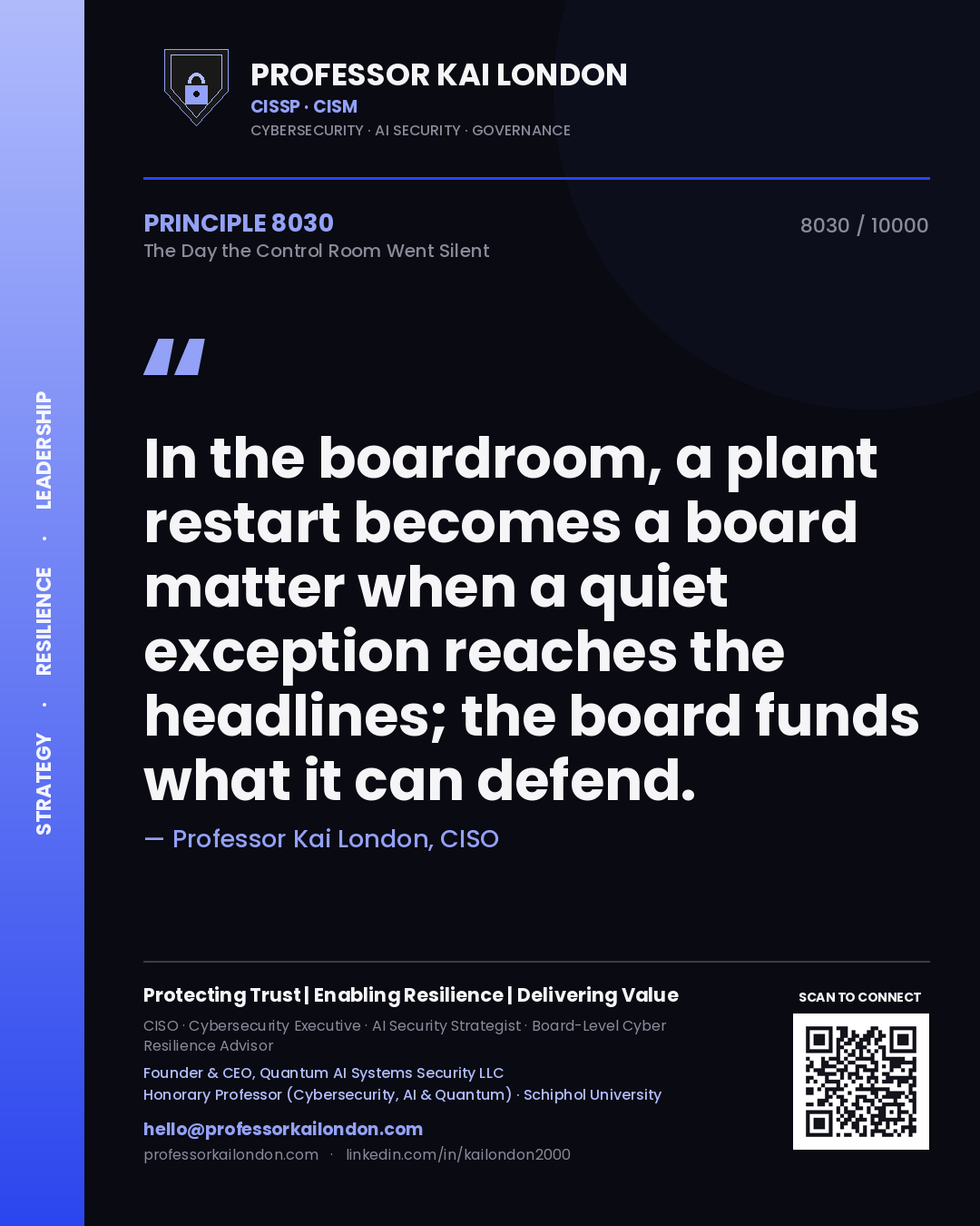 Professor Kai London principle 8030: In the boardroom, a plant restart becomes a board matter when a quiet exception reaches the headlines; the board funds what it can defend.