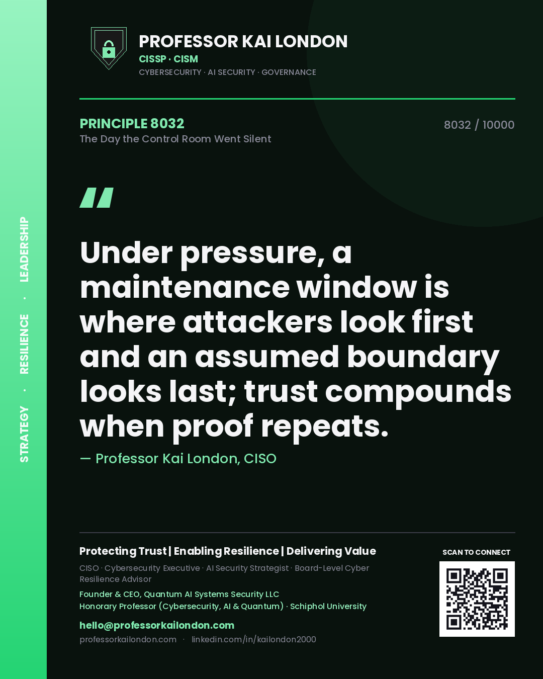 Quote card by Professor Kai London reading 'Under pressure, a maintenance window is where attackers look first and an assumed boundary looks last; trust compounds when proof repeats.'. From the book The Day the Control Room Went Silent.