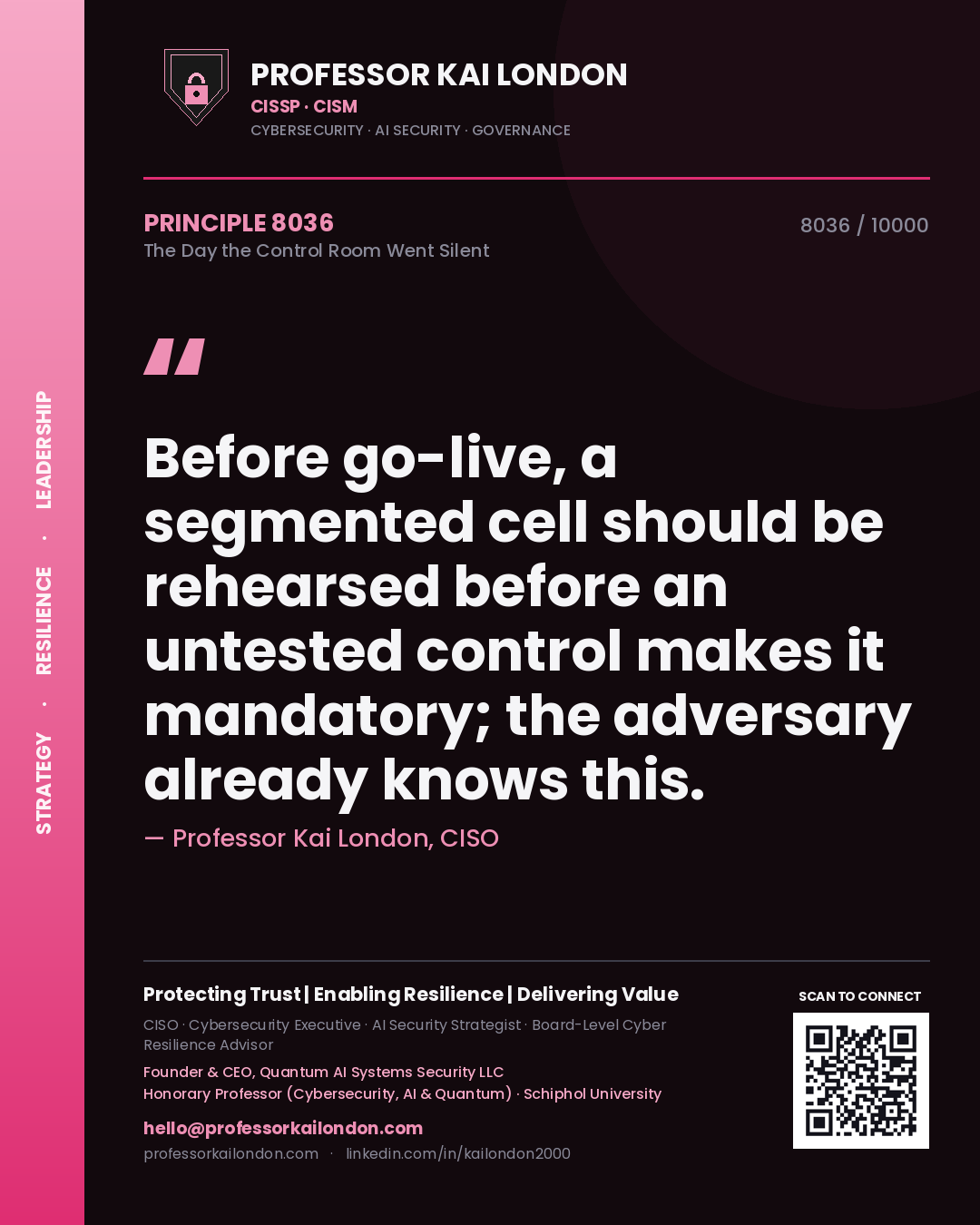 Quote card by Professor Kai London reading 'Before go-live, a segmented cell should be rehearsed before an untested control makes it mandatory; the adversary already knows this.'. From the book The Day the Control Room Went Silent.