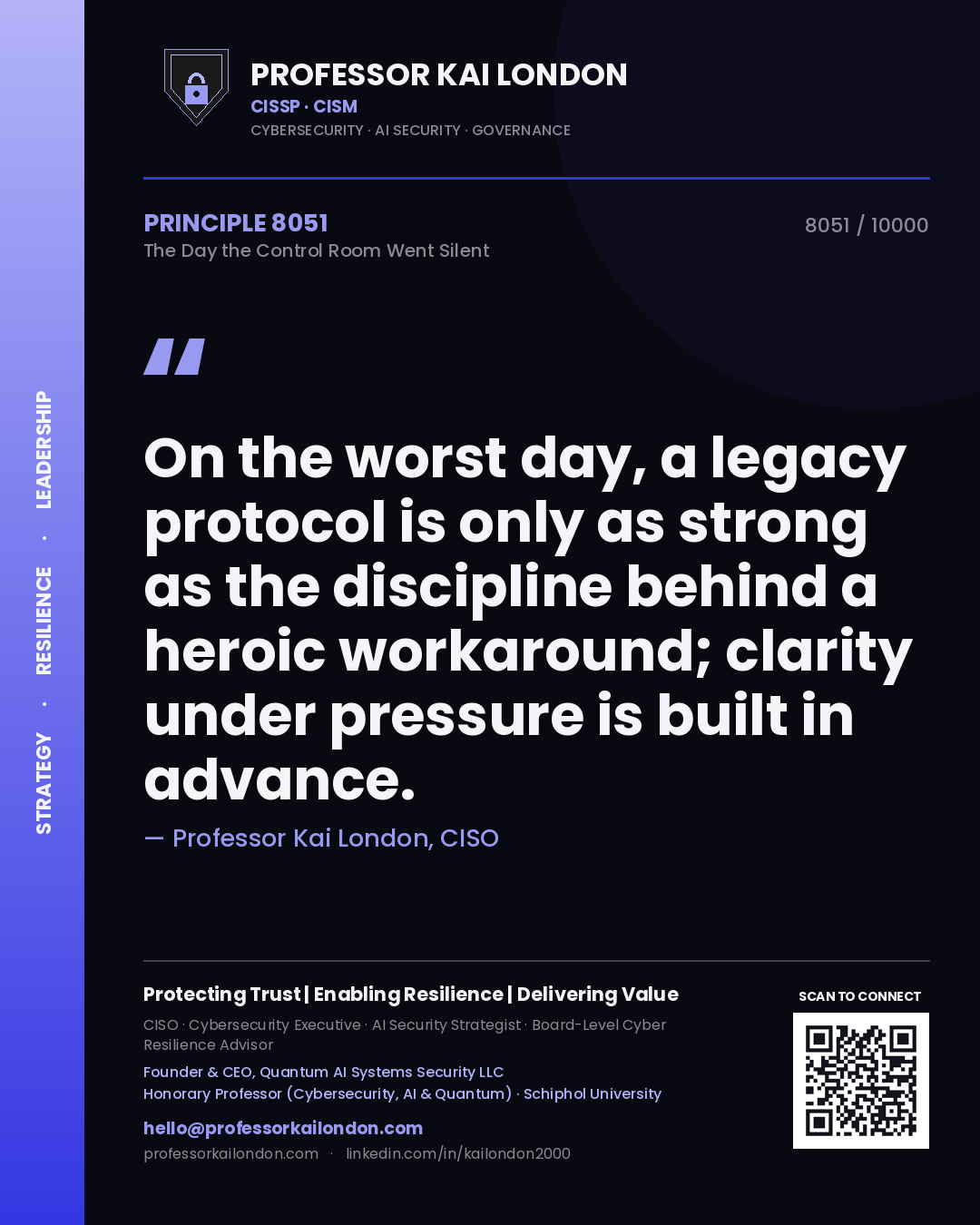 Quote card by Professor Kai London reading 'On the worst day, a legacy protocol is only as strong as the discipline behind a heroic workaround; clarity under pressure is built in advance.'. From the book The Day the Control Room Went Silent.