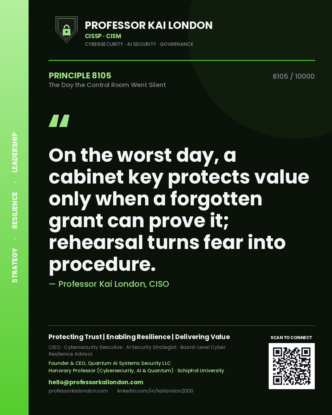 Professor Kai London principle 8105: On the worst day, a cabinet key protects value only when a forgotten grant can prove it; rehearsal turns fear into procedure.