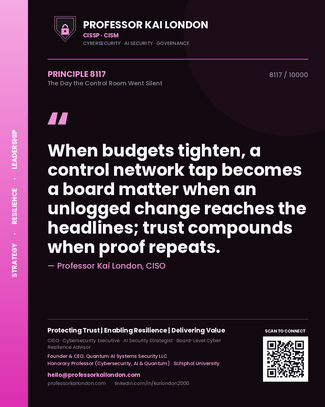 Professor Kai London principle 8117: When budgets tighten, a control network tap becomes a board matter when an unlogged change reaches the headlines; trust compounds when proof repeats.