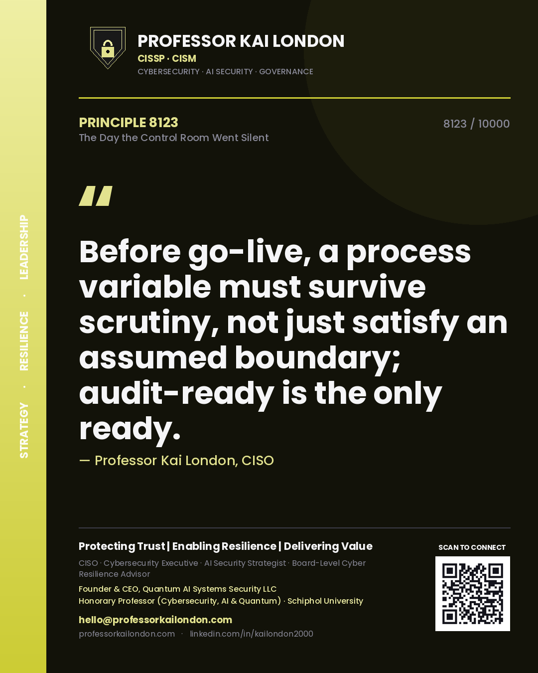 Professor Kai London principle 8123: Before go-live, a process variable must survive scrutiny, not just satisfy an assumed boundary; audit-ready is the only ready.