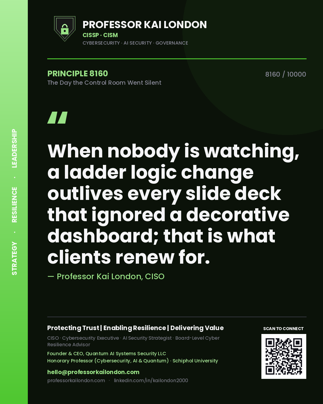 Quote card by Professor Kai London reading 'When nobody is watching, a ladder logic change outlives every slide deck that ignored a decorative dashboard; that is what clients renew for.'. From the book The Day the Control Room Went Silent.