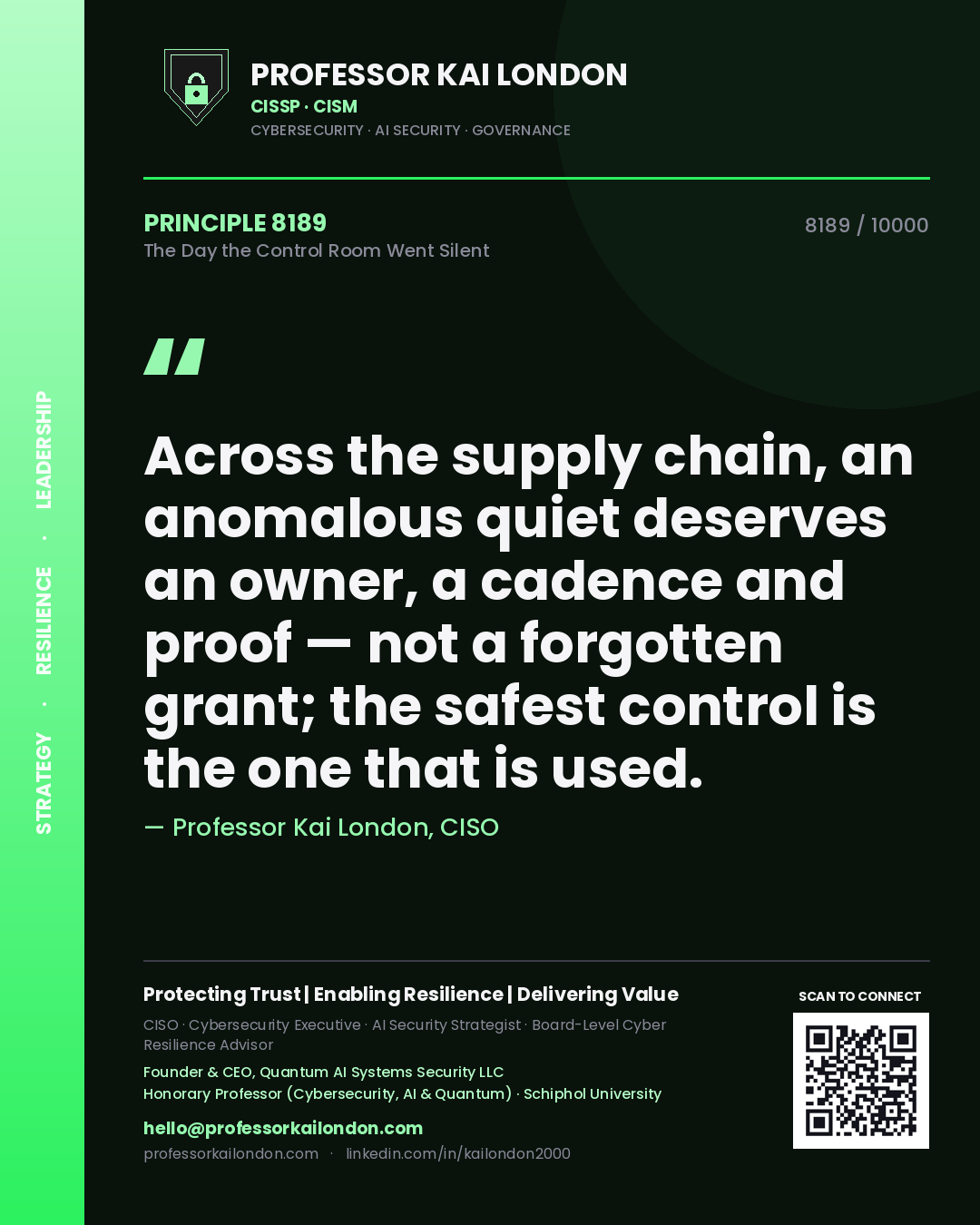 Quote card by Professor Kai London reading 'Across the supply chain, an anomalous quiet deserves an owner, a cadence and proof — not a forgotten grant; the safest control is the one that is used.'. From the book The Day the Control Room Went Silent.
