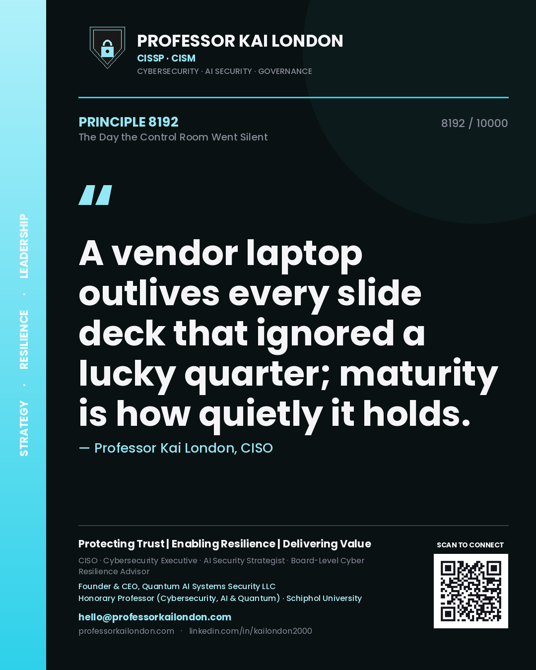Professor Kai London principle 8192: A vendor laptop outlives every slide deck that ignored a lucky quarter; maturity is how quietly it holds.