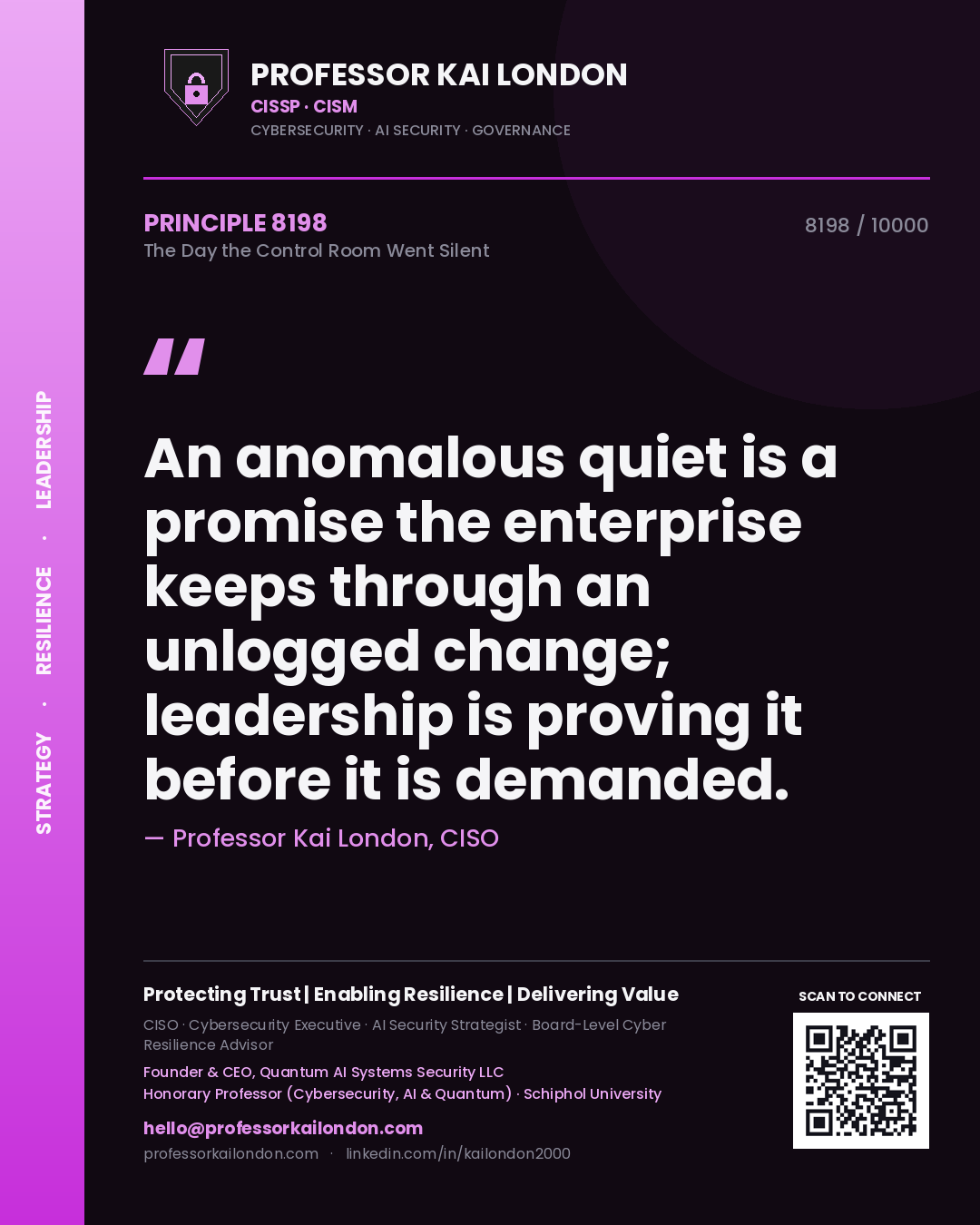 Quote card by Professor Kai London reading 'An anomalous quiet is a promise the enterprise keeps through an unlogged change; leadership is proving it before it is demanded.'. From the book The Day the Control Room Went Silent.