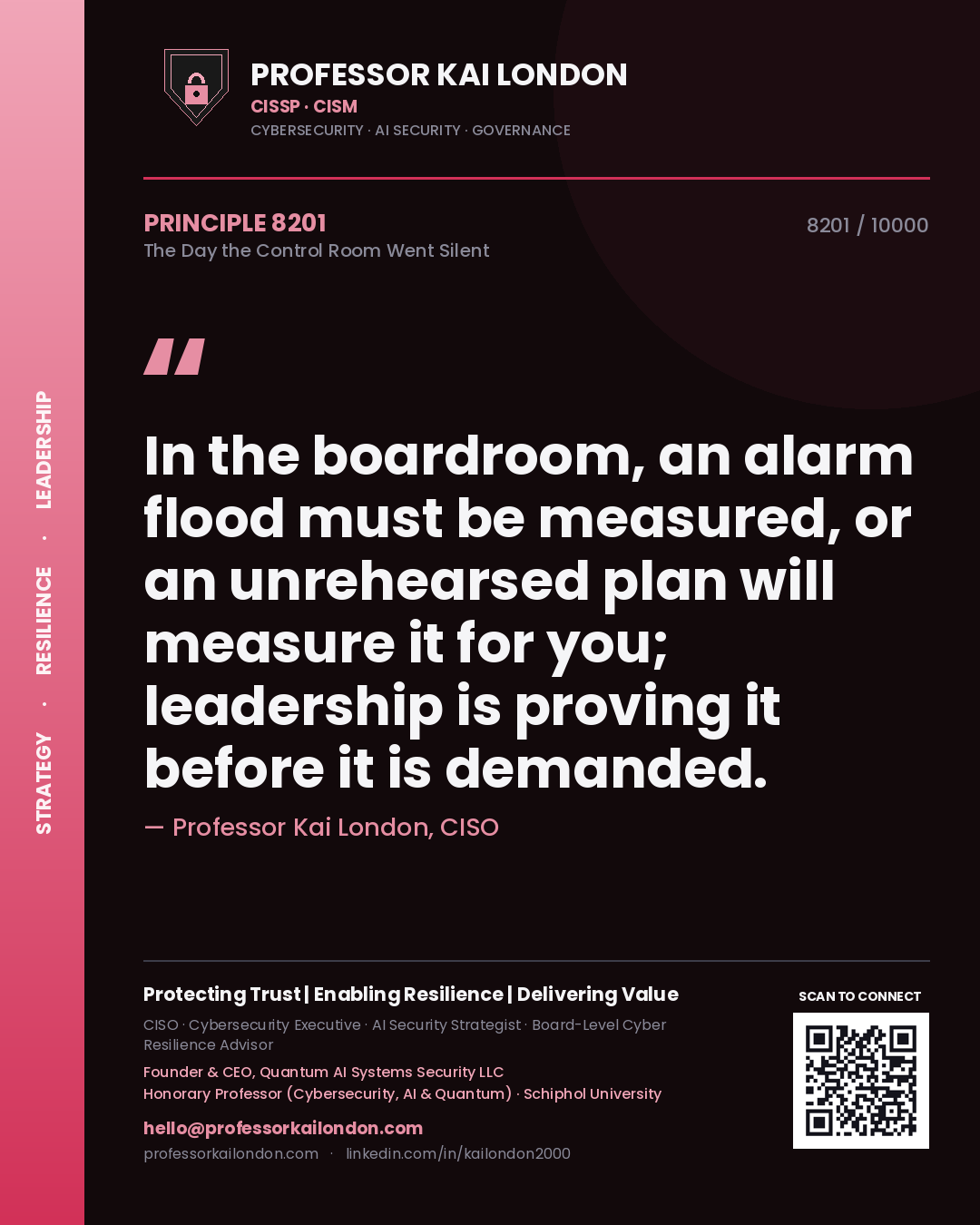 Quote card by Professor Kai London reading 'In the boardroom, an alarm flood must be measured, or an unrehearsed plan will measure it for you; leadership is proving it before it is demanded.'. From the book The Day the Control Room Went Silent.