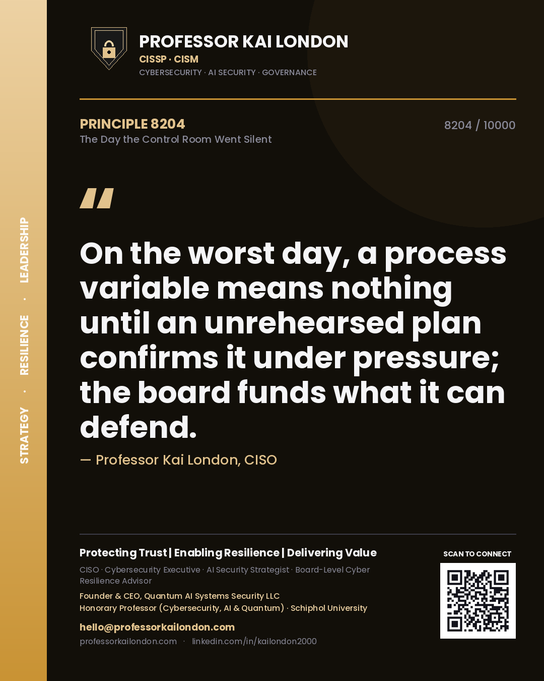 Quote card by Professor Kai London reading 'On the worst day, a process variable means nothing until an unrehearsed plan confirms it under pressure; the board funds what it can defend.'. From the book The Day the Control Room Went Silent.
