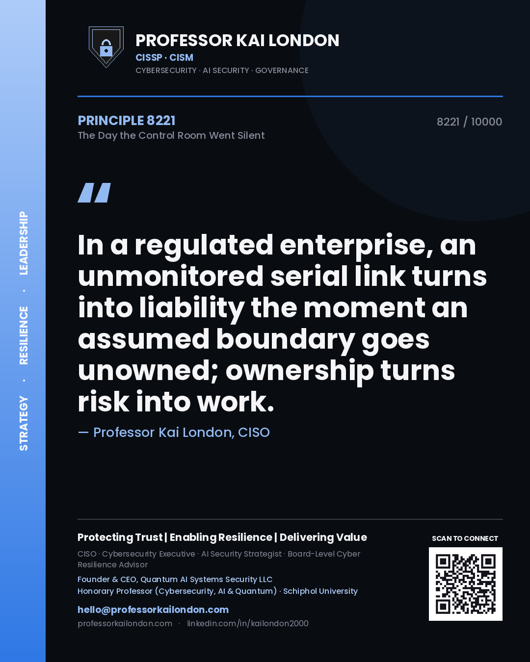 Quote card by Professor Kai London reading 'In a regulated enterprise, an unmonitored serial link turns into liability the moment an assumed boundary goes unowned; ownership turns risk into work.'. From the book The Day the Control Room Went Silent.