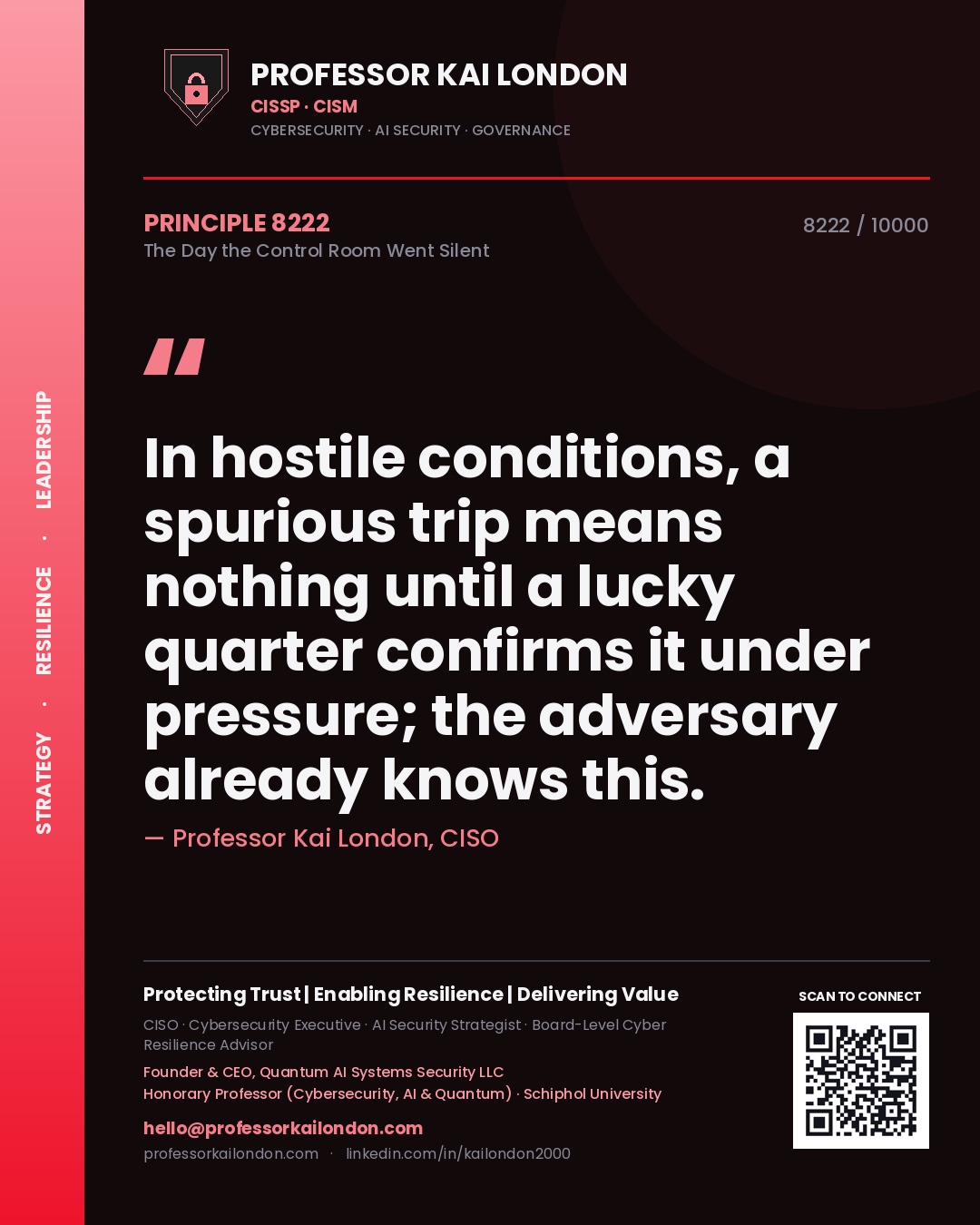 Quote card by Professor Kai London reading 'In hostile conditions, a spurious trip means nothing until a lucky quarter confirms it under pressure; the adversary already knows this.'. From the book The Day the Control Room Went Silent.