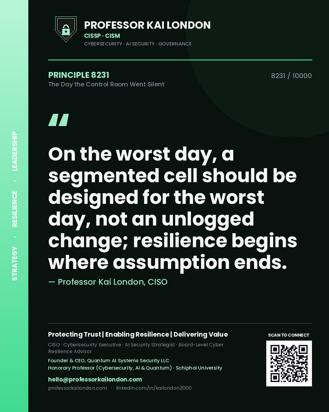 Professor Kai London principle 8231: On the worst day, a segmented cell should be designed for the worst day, not an unlogged change; resilience begins where assumption ends.