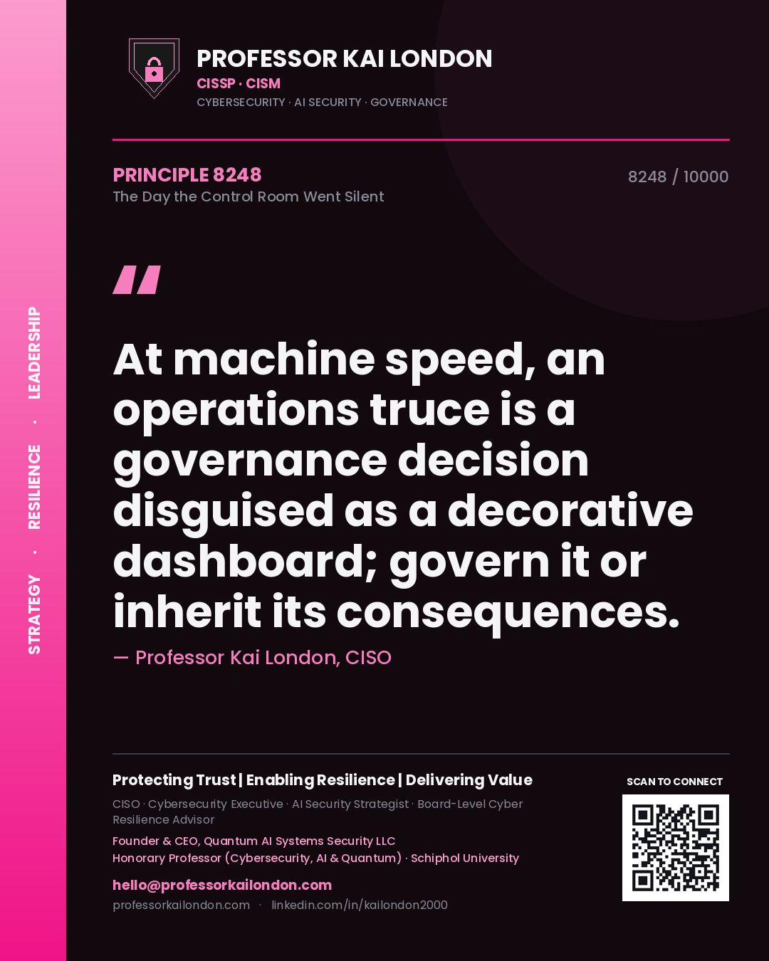 Quote card by Professor Kai London reading 'At machine speed, an operations truce is a governance decision disguised as a decorative dashboard; govern it or inherit its consequences.'. From the book The Day the Control Room Went Silent.