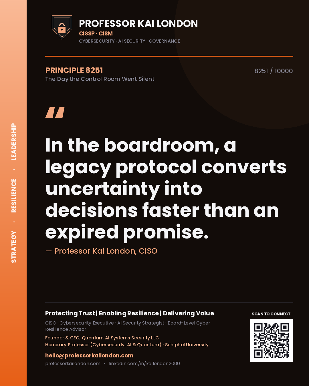 Quote card by Professor Kai London reading 'In the boardroom, a legacy protocol converts uncertainty into decisions faster than an expired promise.'. From the book The Day the Control Room Went Silent.