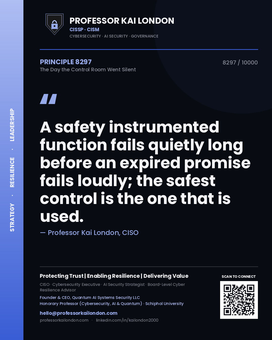 Professor Kai London principle 8297: A safety instrumented function fails quietly long before an expired promise fails loudly; the safest control is the one that is used.