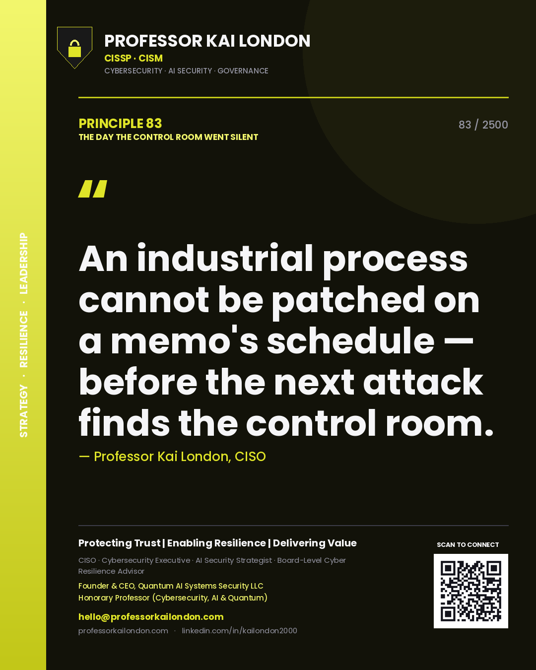 Quote card by Professor Kai London reading 'An industrial process cannot be patched on a memo's schedule — before the next attack finds the control room.'. From the book The Day the Control Room Went Silent.