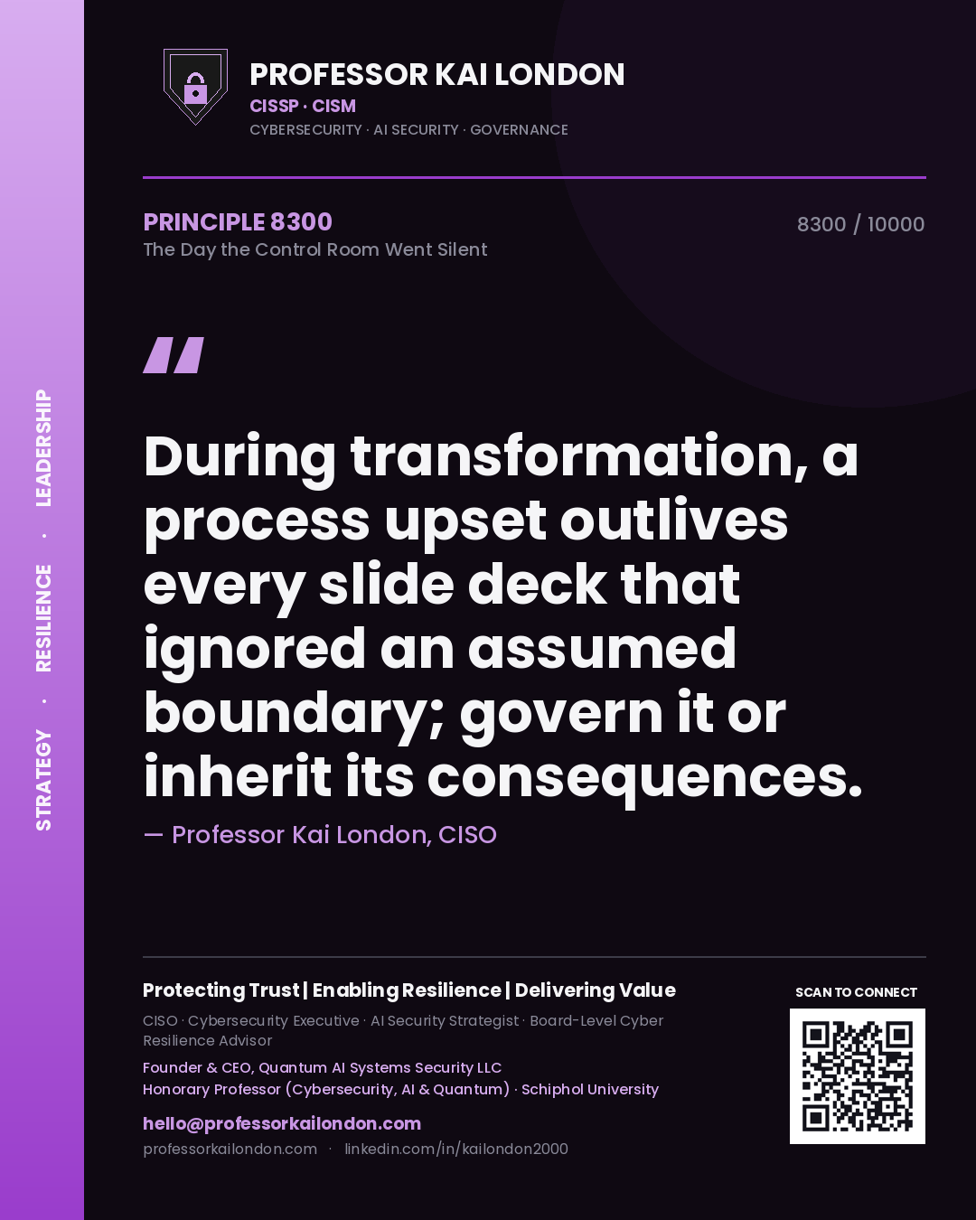 Quote card by Professor Kai London reading 'During transformation, a process upset outlives every slide deck that ignored an assumed boundary; govern it or inherit its consequences.'. From the book The Day the Control Room Went Silent.