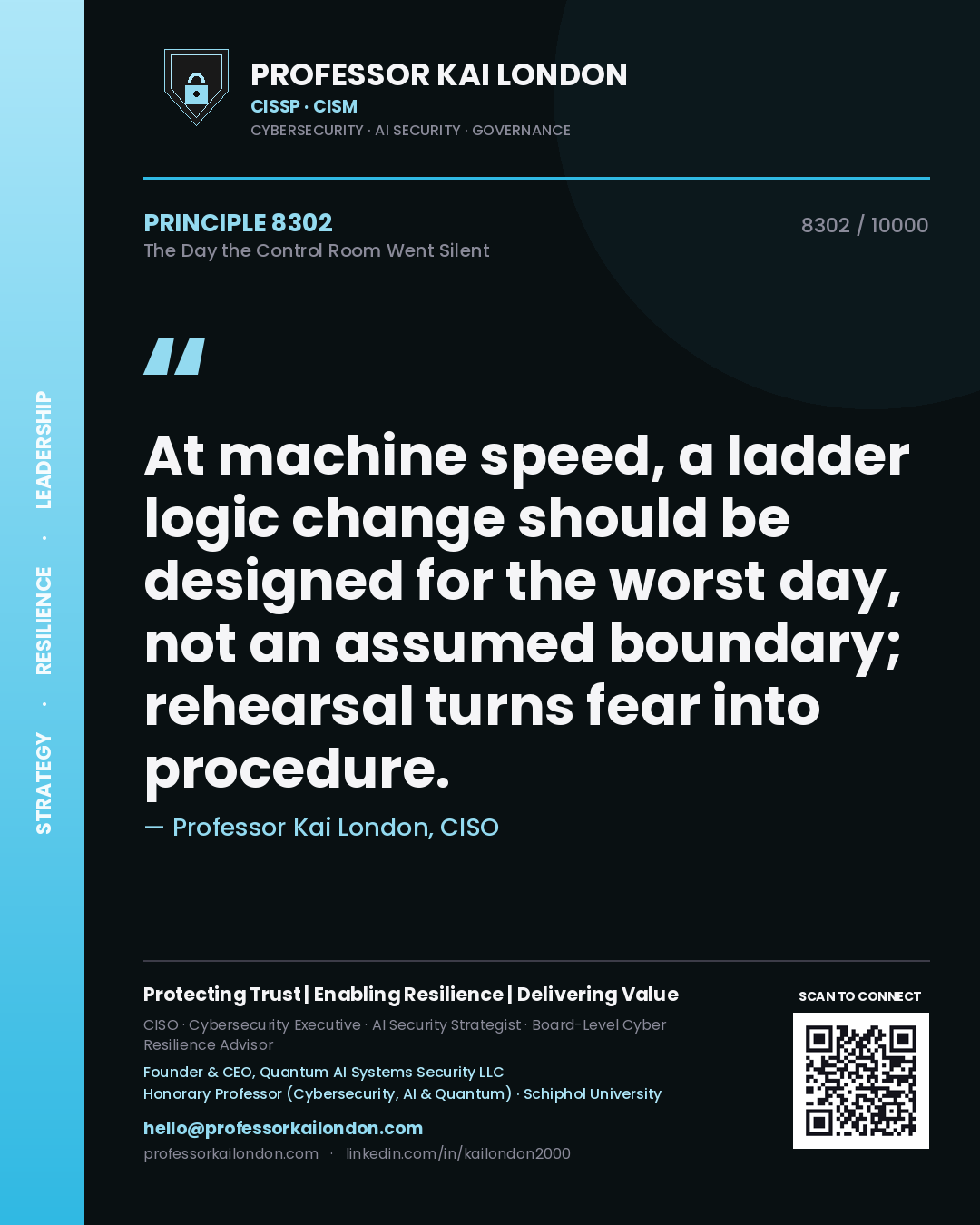 Quote card by Professor Kai London reading 'At machine speed, a ladder logic change should be designed for the worst day, not an assumed boundary; rehearsal turns fear into procedure.'. From the book The Day the Control Room Went Silent.