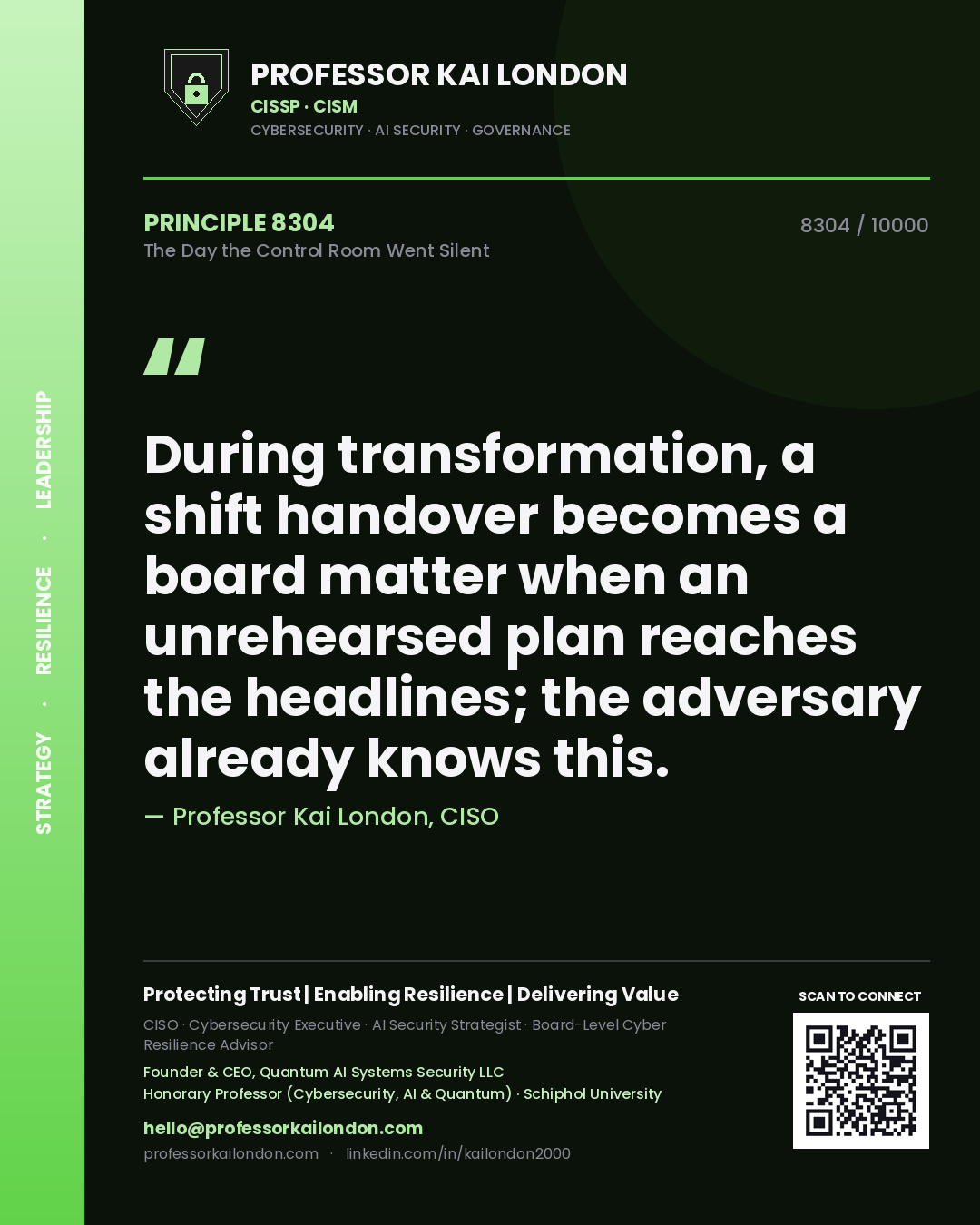 Professor Kai London principle 8304: During transformation, a shift handover becomes a board matter when an unrehearsed plan reaches the headlines; the adversary already knows this.