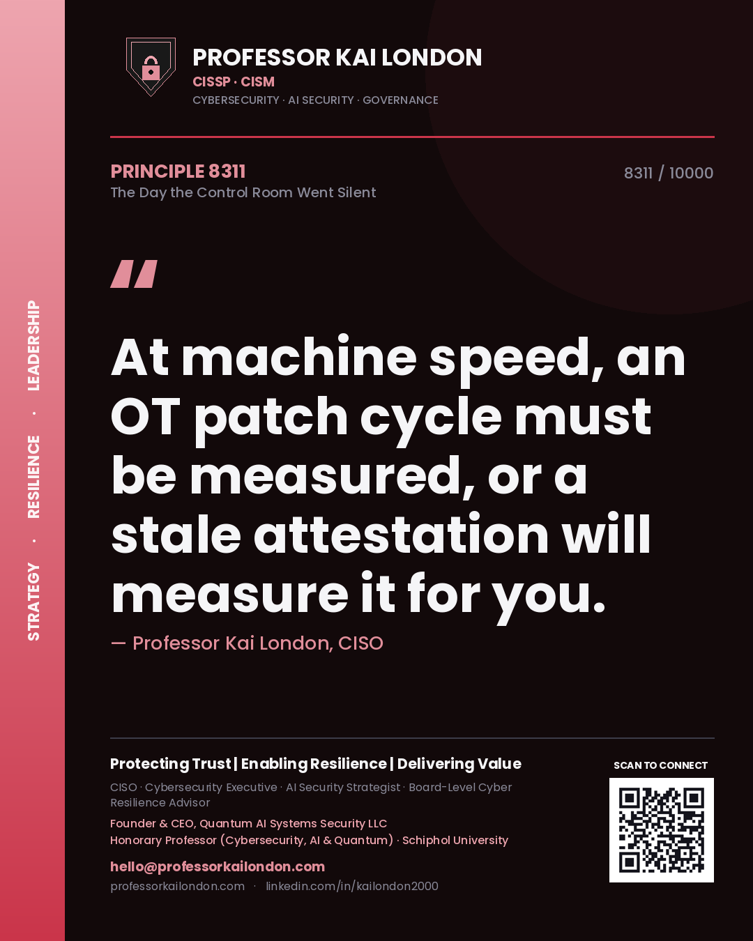 Quote card by Professor Kai London reading 'At machine speed, an OT patch cycle must be measured, or a stale attestation will measure it for you.'. From the book The Day the Control Room Went Silent.