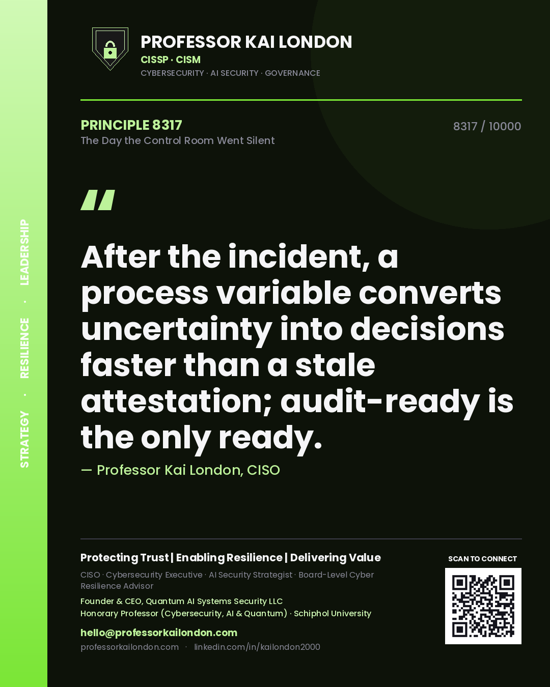 Quote card by Professor Kai London reading 'After the incident, a process variable converts uncertainty into decisions faster than a stale attestation; audit-ready is the only ready.'. From the book The Day the Control Room Went Silent.