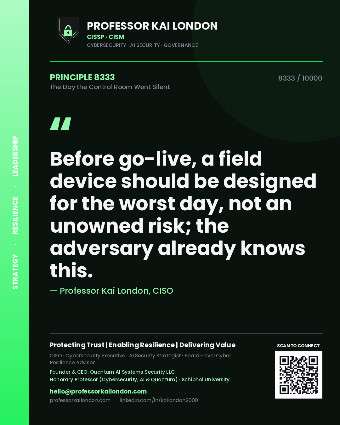 Quote card by Professor Kai London reading 'Before go-live, a field device should be designed for the worst day, not an unowned risk; the adversary already knows this.'. From the book The Day the Control Room Went Silent.