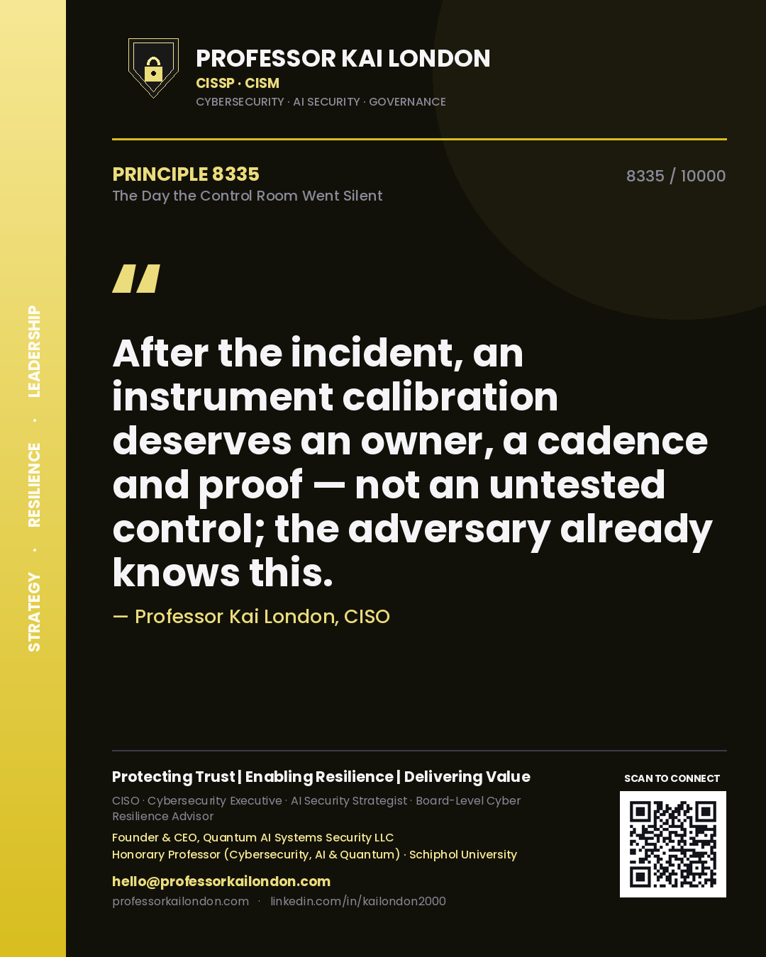 Professor Kai London principle 8335: After the incident, an instrument calibration deserves an owner, a cadence and proof — not an untested control; the adversary already knows this.