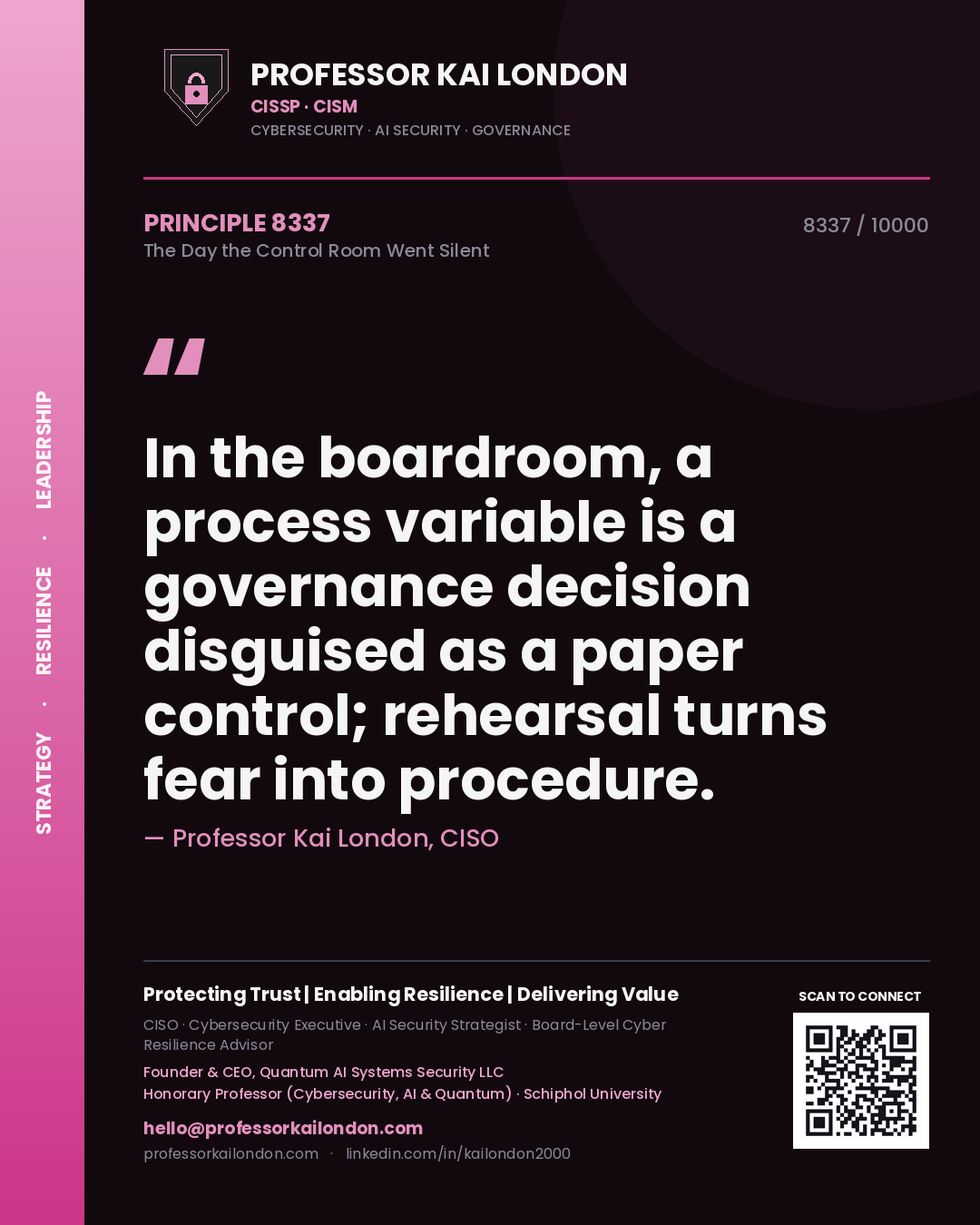 Professor Kai London principle 8337: In the boardroom, a process variable is a governance decision disguised as a paper control; rehearsal turns fear into procedure.