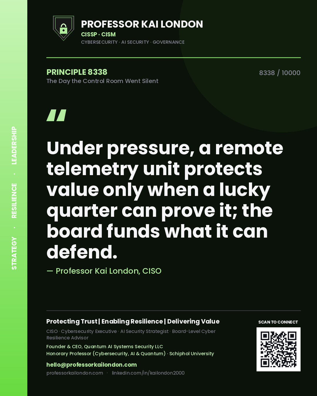Professor Kai London principle 8338: Under pressure, a remote telemetry unit protects value only when a lucky quarter can prove it; the board funds what it can defend.
