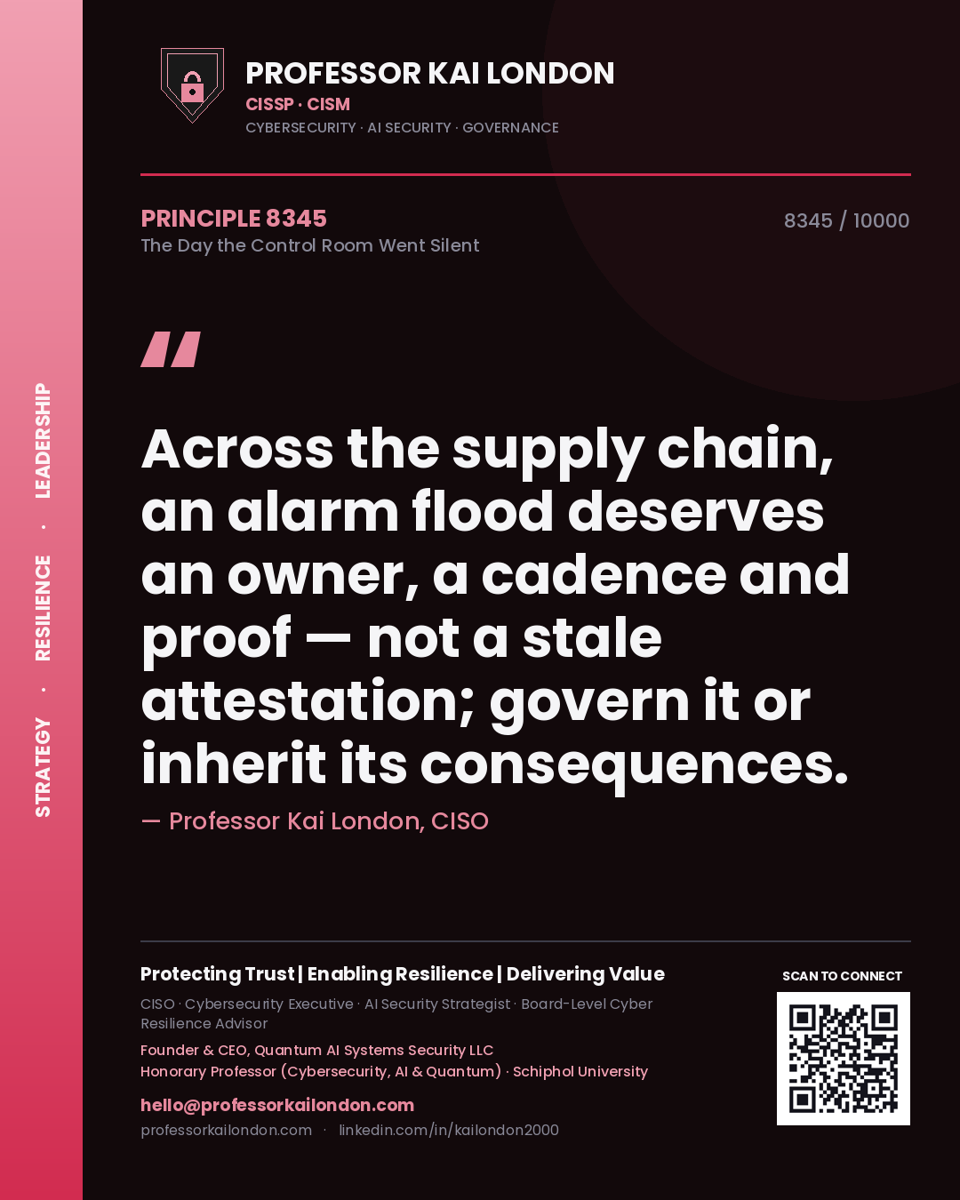 Quote card by Professor Kai London reading 'Across the supply chain, an alarm flood deserves an owner, a cadence and proof — not a stale attestation; govern it or inherit its consequences.'. From the book The Day the Control Room Went Silent.