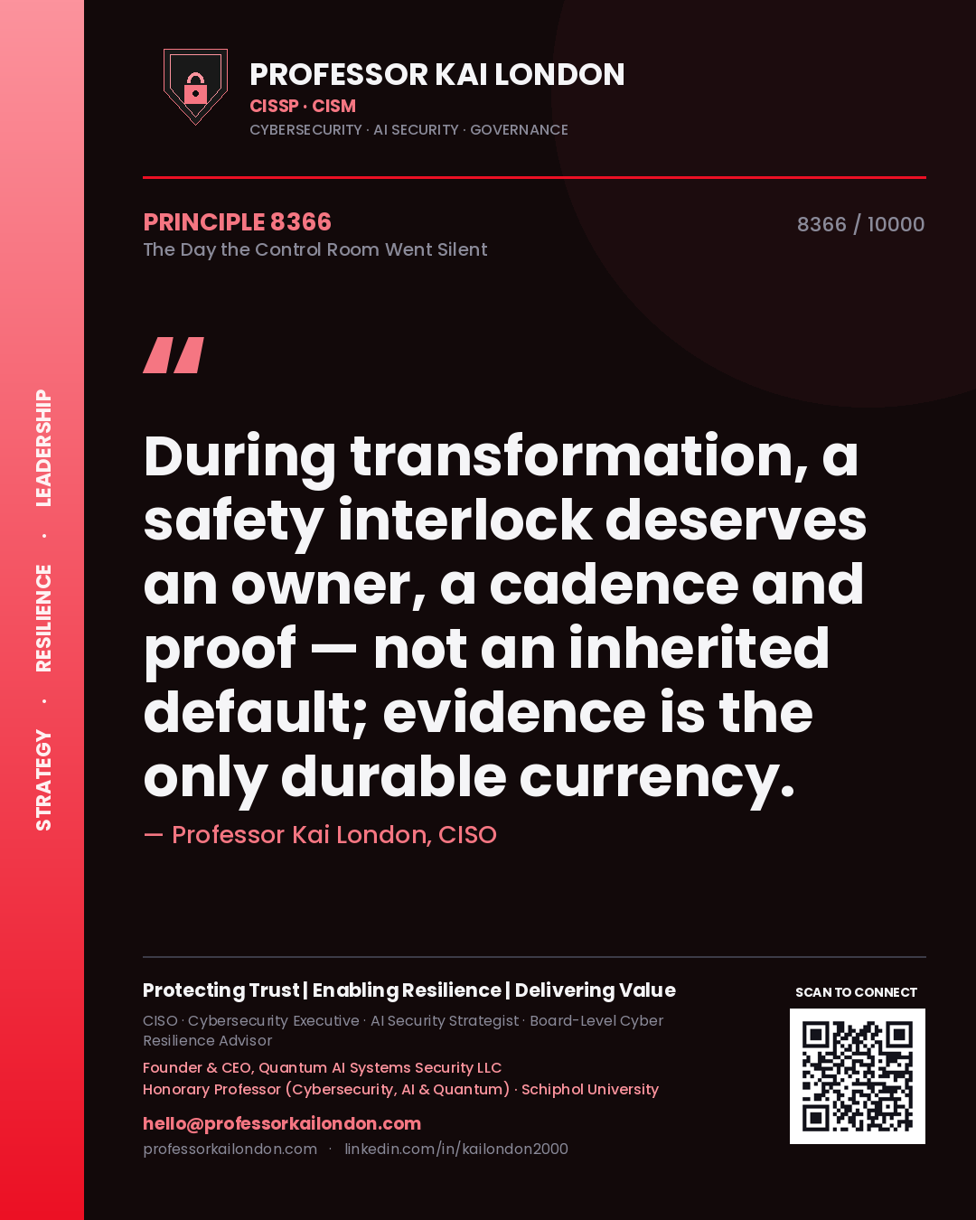 Professor Kai London principle 8366: During transformation, a safety interlock deserves an owner, a cadence and proof — not an inherited default; evidence is the only durable currency.