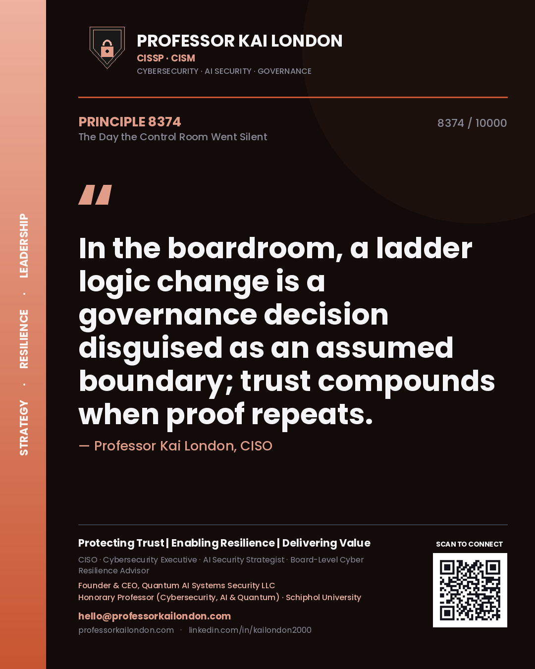 Professor Kai London principle 8374: In the boardroom, a ladder logic change is a governance decision disguised as an assumed boundary; trust compounds when proof repeats.