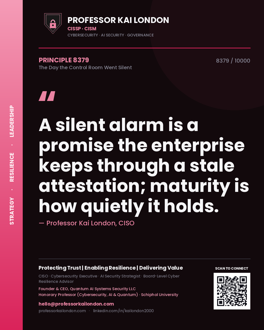 Professor Kai London principle 8379: A silent alarm is a promise the enterprise keeps through a stale attestation; maturity is how quietly it holds.