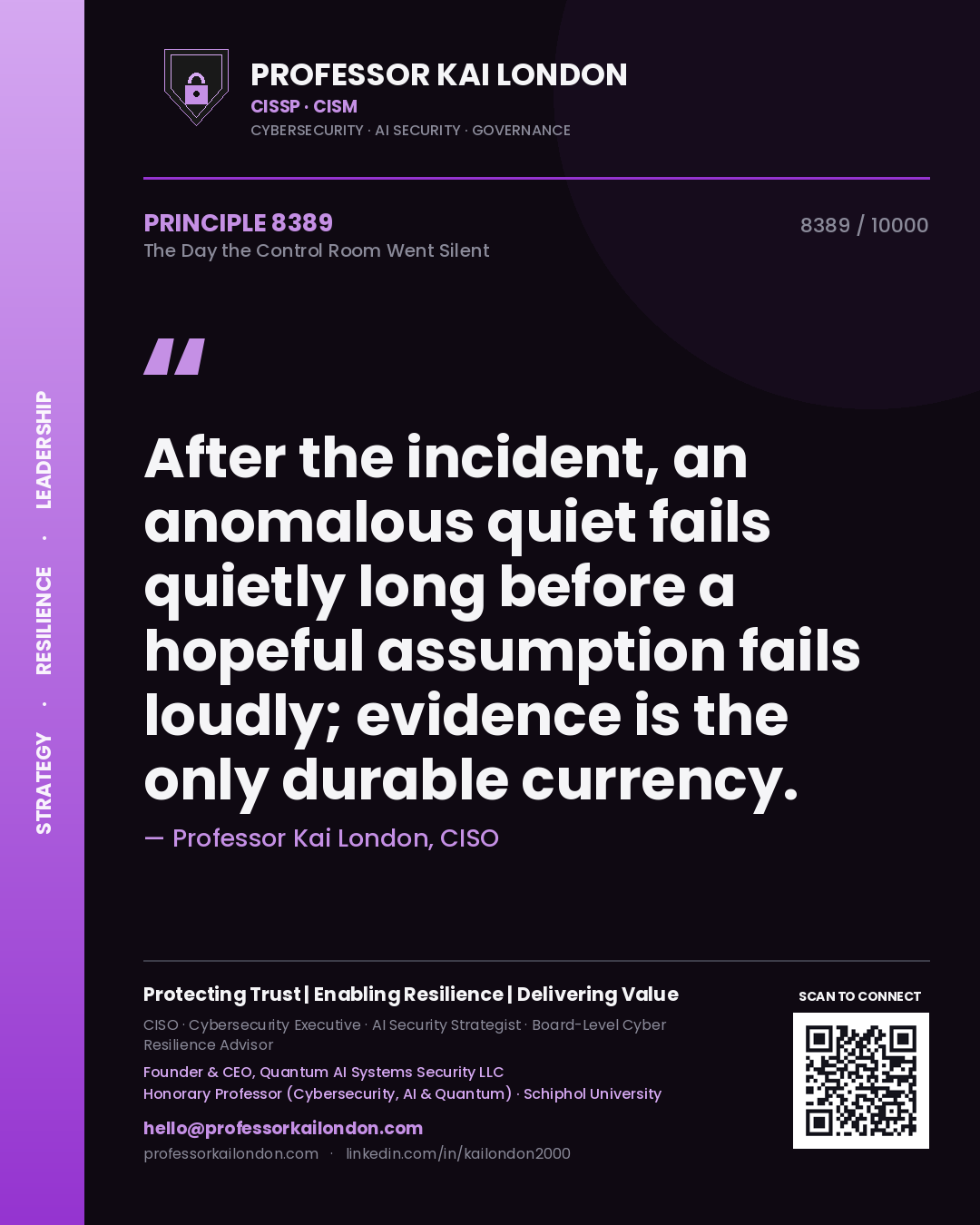 Quote card by Professor Kai London reading 'After the incident, an anomalous quiet fails quietly long before a hopeful assumption fails loudly; evidence is the only durable currency.'. From the book The Day the Control Room Went Silent.