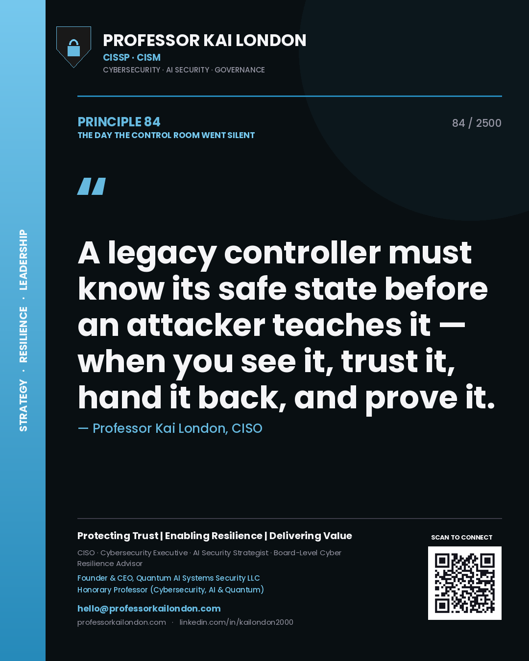 Quote card by Professor Kai London reading 'A legacy controller must know its safe state before an attacker teaches it — when you see it, trust it, hand it back, and prove it.'. From the book The Day the Control Room Went Silent.
