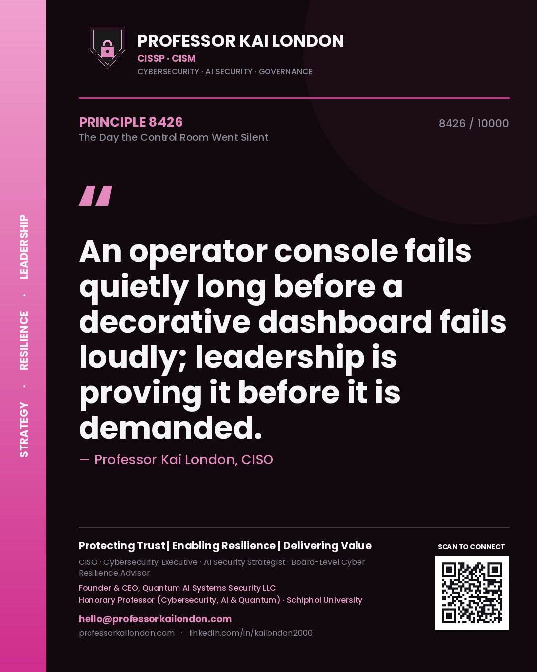 Professor Kai London principle 8426: An operator console fails quietly long before a decorative dashboard fails loudly; leadership is proving it before it is demanded.
