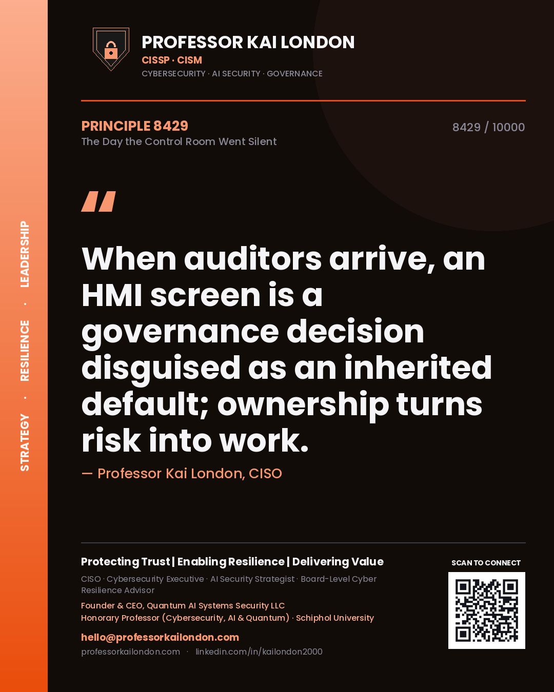 Professor Kai London principle 8429: When auditors arrive, an HMI screen is a governance decision disguised as an inherited default; ownership turns risk into work.