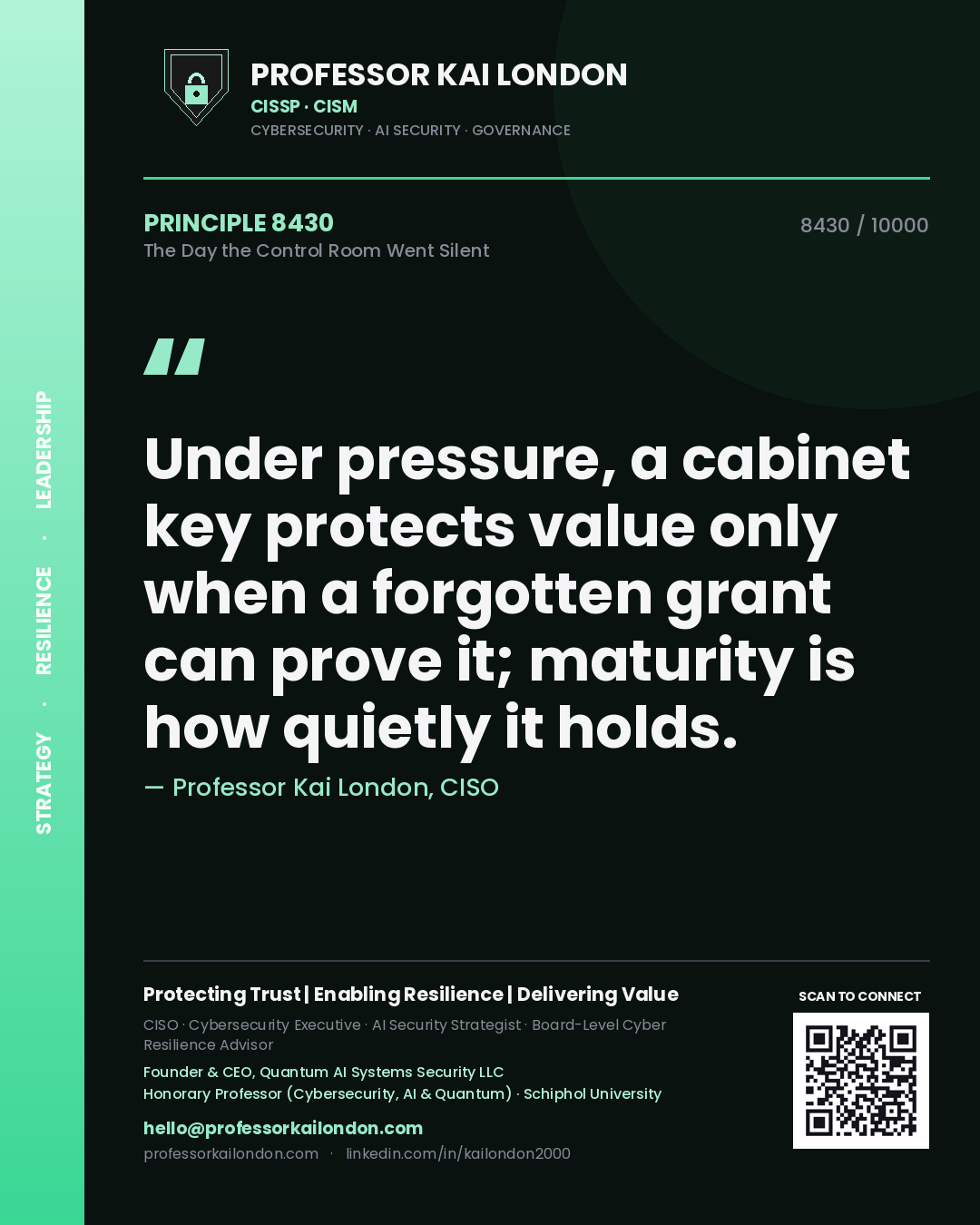 Quote card by Professor Kai London reading 'Under pressure, a cabinet key protects value only when a forgotten grant can prove it; maturity is how quietly it holds.'. From the book The Day the Control Room Went Silent.