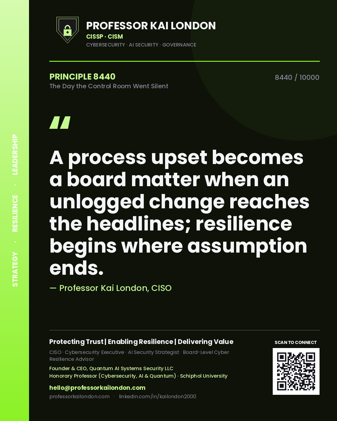 Professor Kai London principle 8440: A process upset becomes a board matter when an unlogged change reaches the headlines; resilience begins where assumption ends.