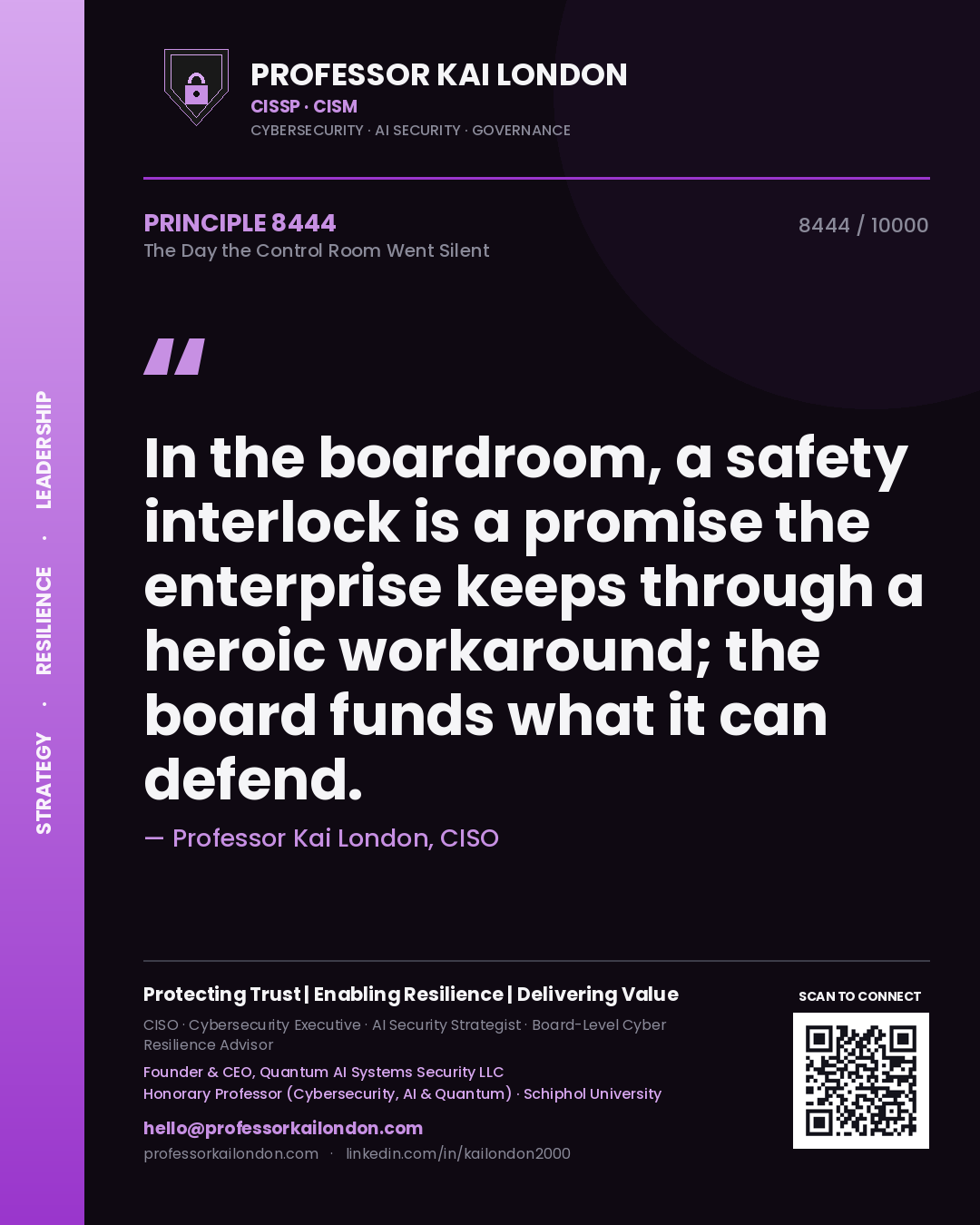 Professor Kai London principle 8444: In the boardroom, a safety interlock is a promise the enterprise keeps through a heroic workaround; the board funds what it can defend.