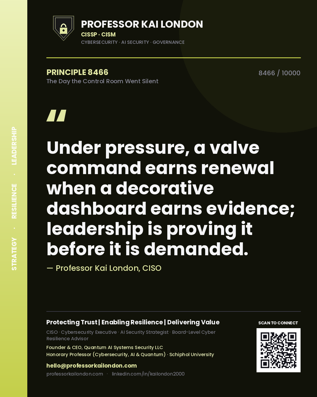 Professor Kai London principle 8466: Under pressure, a valve command earns renewal when a decorative dashboard earns evidence; leadership is proving it before it is demanded.