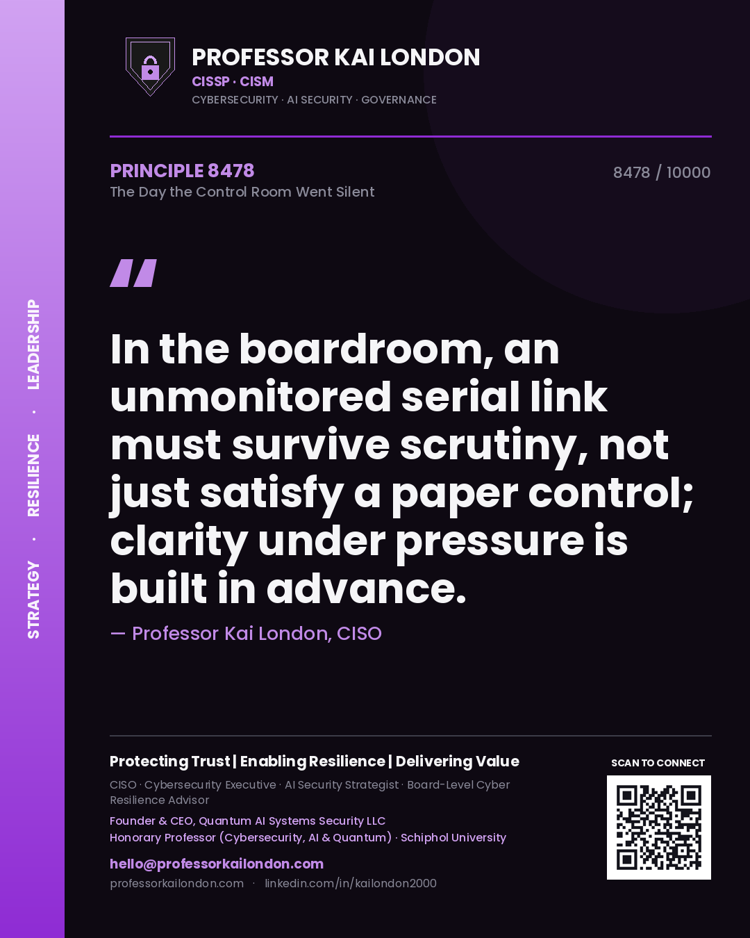 Professor Kai London principle 8478: In the boardroom, an unmonitored serial link must survive scrutiny, not just satisfy a paper control; clarity under pressure is built in advance.