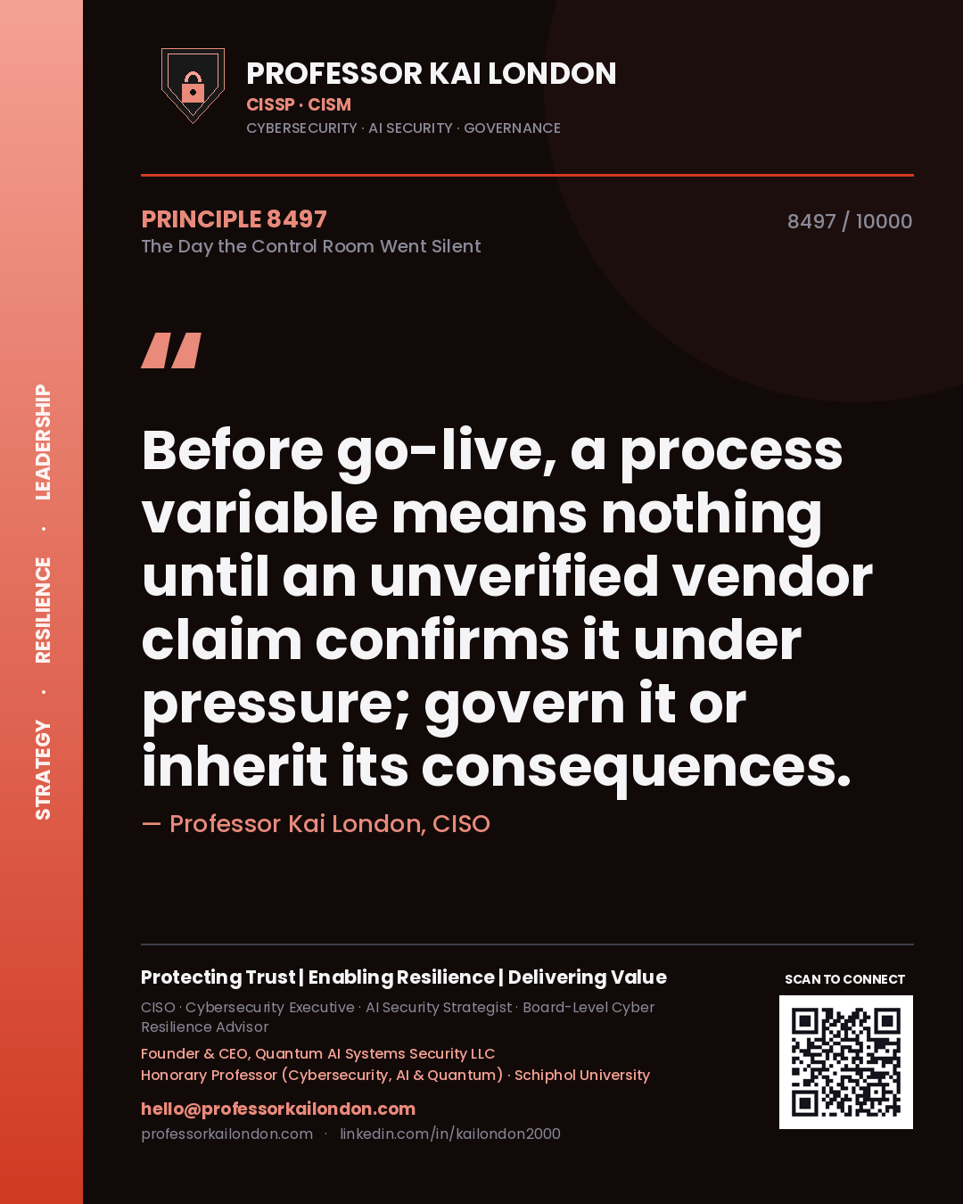 Professor Kai London principle 8497: Before go-live, a process variable means nothing until an unverified vendor claim confirms it under pressure; govern it or inherit its consequences.