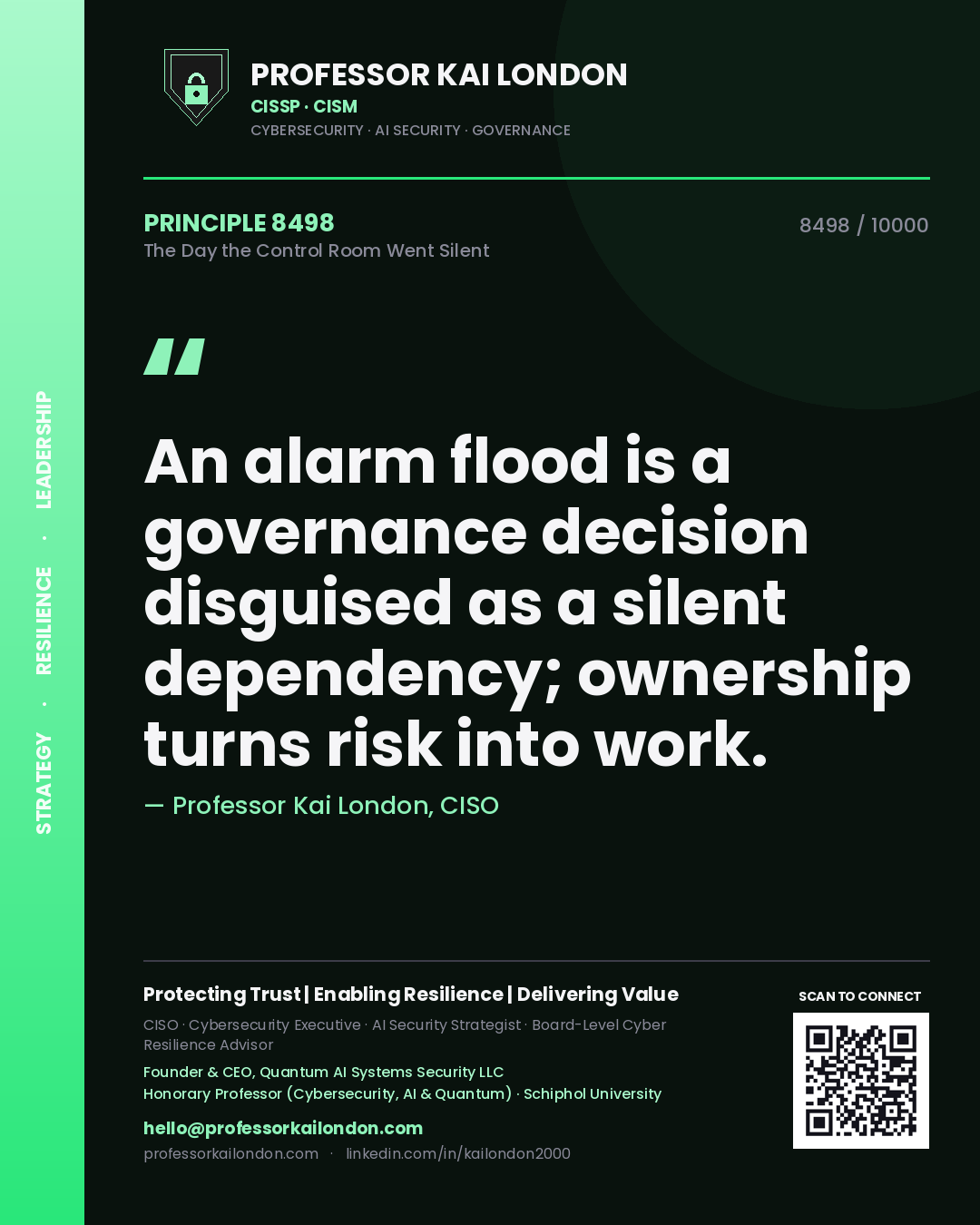 Professor Kai London principle 8498: An alarm flood is a governance decision disguised as a silent dependency; ownership turns risk into work.
