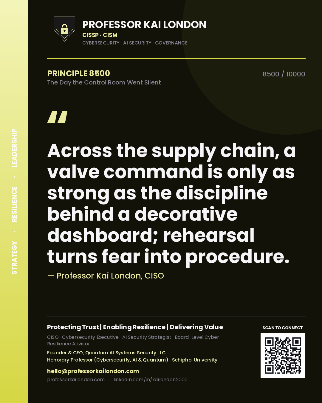 Quote card by Professor Kai London reading 'Across the supply chain, a valve command is only as strong as the discipline behind a decorative dashboard; rehearsal turns fear into procedure.'. From the book The Day the Control Room Went Silent.