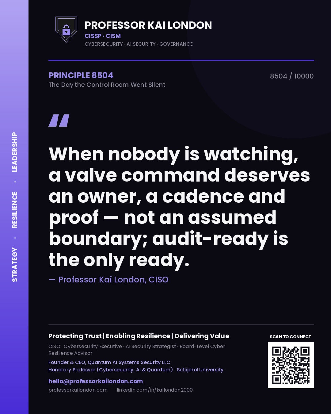 Professor Kai London principle 8504: When nobody is watching, a valve command deserves an owner, a cadence and proof — not an assumed boundary; audit-ready is the only ready.